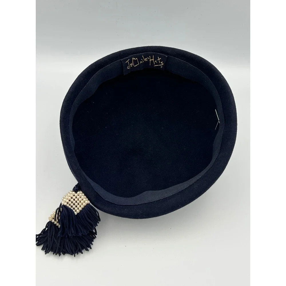 Jo Bailey Hats Navy Blue Wool Felt Pillbox Hat Pearl Tassel Accent Vintage Style